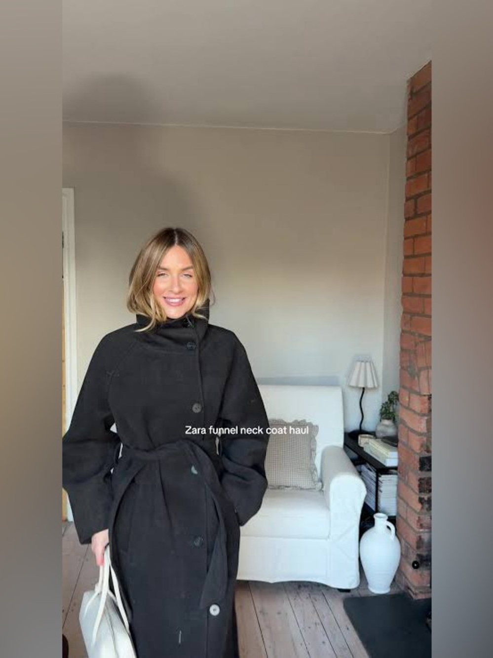 Zara Black Funnel-Neck Belted Coat